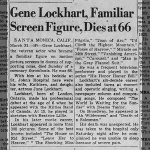 Gene Lockhart, Familiar Screen Figure, Dies at 66
