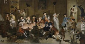 Hopkins (dozing at the table) and other Rhode Island merchants in Sea Captains Carousing in Surinam, a 1750s satirical painting by John Greenwood