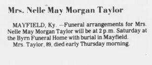 Mrs. Nellie May Morgan Taylor, Nellie May (Nell) May Morgan Taylor Funeral Services, 89 (18 Apr 1889-29 Mar 1979)