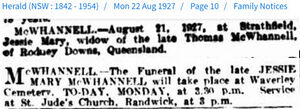 Jessie Mary McWhannell nee Morgan Death and Funeral notices