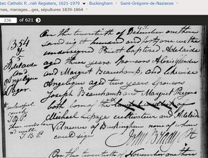1839 -- Baptized 20 Dec 1841 - Angelique Lepage Born Unlawful Couch (illégitime) - St-Grégoire-de-Naziance, Buckingham, Québec