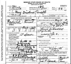Death Certificate for Mary Caroline Terrell