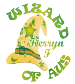 A green and gold "wizard's" hat, with stars and moons, the words "Wizard of Aus" curving above and below, and the name "Kerryn F" to the right of the hat.