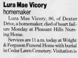 1993. Lura Mae Vicory- obituary, part 1