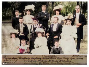 Brady family group (photo from Val H). Back (Brady unless stated): William, Mary, Richard Clarke, Grace, Cyril Casling; Middle: George, Jane (nee Wilson), George, Kathleen Casling; Front: Norah, Edward Wilson, Ileen, Archie
