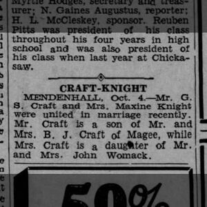 Marriage Craft Knight 5 Oct 1933  Jackson, Mississippi  Debbie Ferguson Debbie Ferguson Originally shared this article on 06 Aug 2021 from Newspapers.com