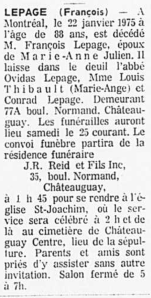 Décès François Lepage 1975