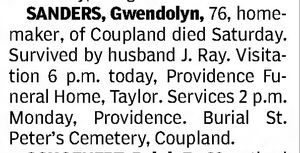 Death notice for Gwendolyn Sanders
