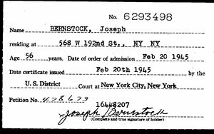 Joseph Bernstock naturalisation card