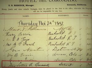 Hotel del Coronado Registry, 24 Nov 1892