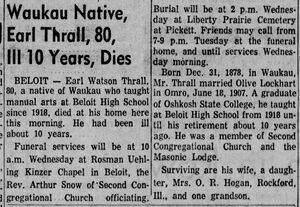 Waukau newspaper obituary for Earl Thrall 1878-1959