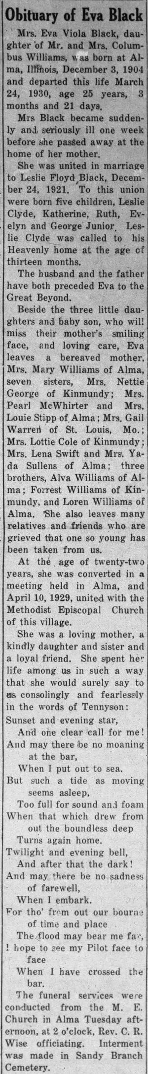 Eva Viola Williams Black Obit, 25 (3 Dec 1904-24 Mar 1930)