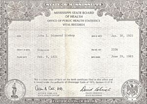John L Diamond Bishop - Birth Certificate