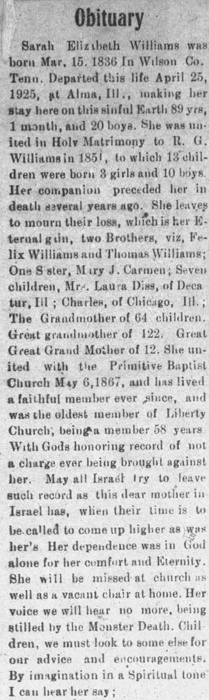 Obituary, Sarah Elizabeth (Williams) Williams Obit, 89 (15 Mar 1836-25 Apr 1925)