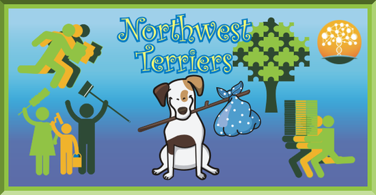 The Northwest Terriers "mascot", the Traveling Terrier, sits beneath the caption "Northwest Terriers".  In the upper right corner is the WikiTree DNA tree logo, and beneath it is the people carrying files logo for the Scan-a-Thon.  To the left of the DNA tree is the puzzle-piece tree logo for the Connect-a-Thon, and in the left corner is the people carrying folders logo for the Source-a-Thon.  Beneath that is the people with cleaning implements (a duster, broom, bucket and paint roller) logo for the Clean-a-Thon.