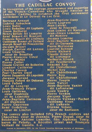 Plaque honoring first 51 French-Canadian voyageurs who accompanied Antoine Lamothe-Cadillac to Detroit on 24 July 1701