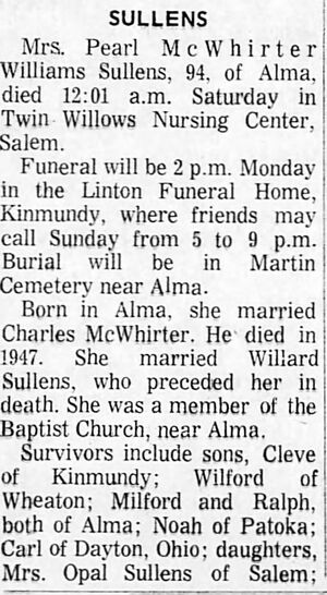 Sullens, Pearl (Perly) Williams McWhirter Sullens Obit, 92 (19 oct 1881-10 Aug 1974)