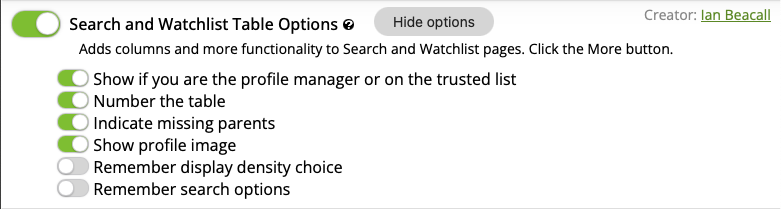 Search and Watchlist Table Options.