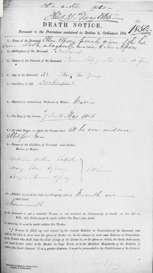Death notice of Ellen Fitzgerald 1833 - 1865