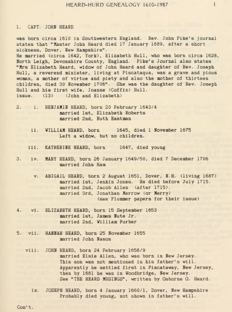 Page 1 of Heard-Hurd genealogy, 1610-1987
