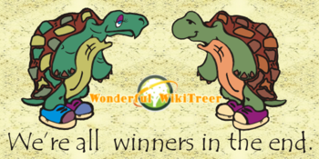 Hertyl and Spertyl Slowsky Tortoises face each other, with the WikiTree globe superimposed over the words "Wonderful WikiTree" between them.  Beneath the Tortoises are the words "We're all winners in the end".