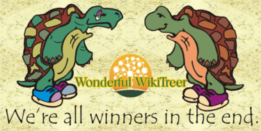 Two tortoises — Hertyl and Spertyl Slowsky — stand facing each other.  Between them is the stylised WikiTree "DNA Tree" logo, with the words "Wonderful WikiTreer" superimposed over the lower portion of the globe.  Beneath the tableau are the words "We're all winners in the end" — because we are.  All winners.