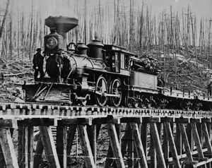 C.P.R. locomotive on trestle