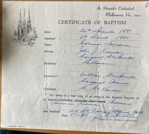 Baptismal Certificate - True Copy
