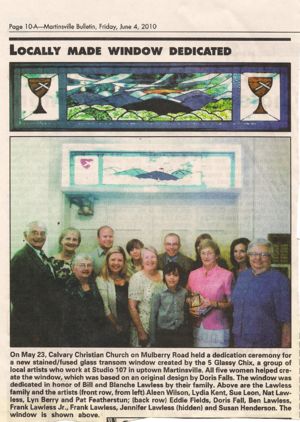 Stained glass Transom, Calvery Christian Church, dedicated by Lawless Family