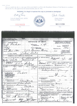 Certificate of Death for Janos Szabović Boksán
