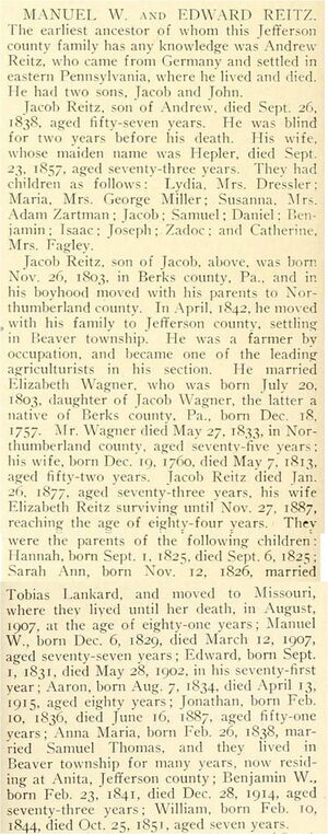 Info on Jacob Reitz Descendants
