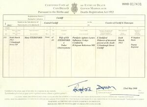 Mary Stediford death certificate copy of