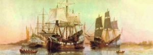 Arrival of Winthrop's Company in Boston Harbor (1630) by William Formby Halsall (painted ca. 1880)