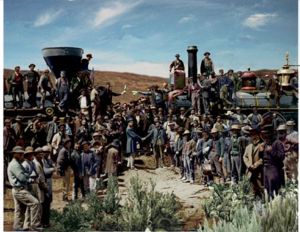 East (Grenville Dodge, Union Pacific RR on right) and West (Samuel Montague, Central Pacific RR) shaking hands at the laying of last rail at Promontory Summit Utah