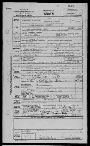 Death Record of Terrance Stanley fox