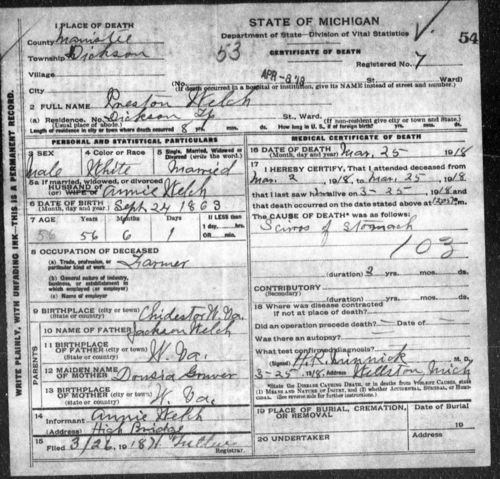 Welch Preston Death Certificate 25 Mar 1918