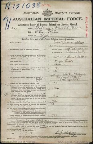 James Oswald Alsbury's Australian Military Attestation papers