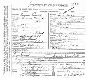 Marriage license Eugene Leonard & Irene Andre