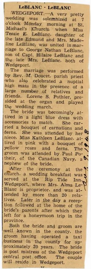 Newspaper clipping announcing the marriage of George Nathan LeBlanc and Therese Elizabeth