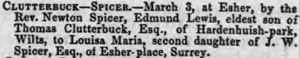 Marriage announcement for Edmund Lewis Clutterbuck to Louisa Maria Spicer